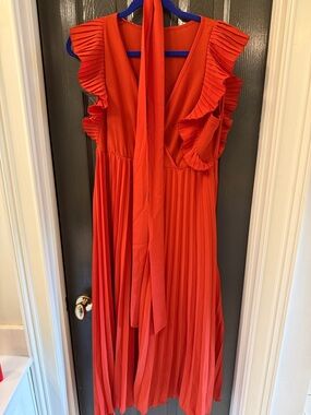 Women's burnt orange Pleated Midi Dress with Ruffle Sleeves and Tie Neck